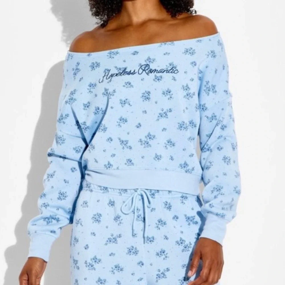 Mighty Fine‎ Hopeless Romantic Floral Off Shoulder Cropped Sweatshirt Blue SM